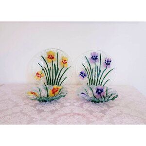 Vintage Fused Glass Floral Dinner Plate Berry Bowl Handcrafted Iris Flower Set